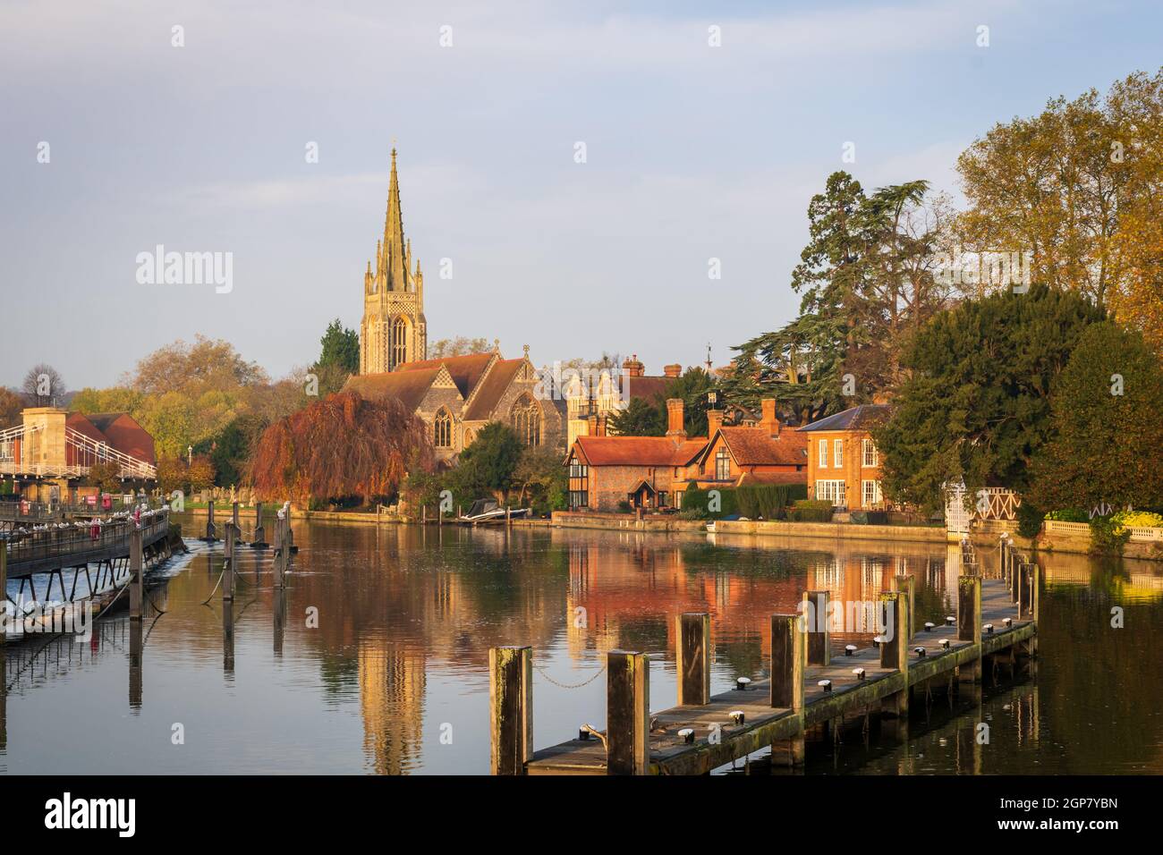 Marlow and All Saints Church on the River Thames Stock Photo