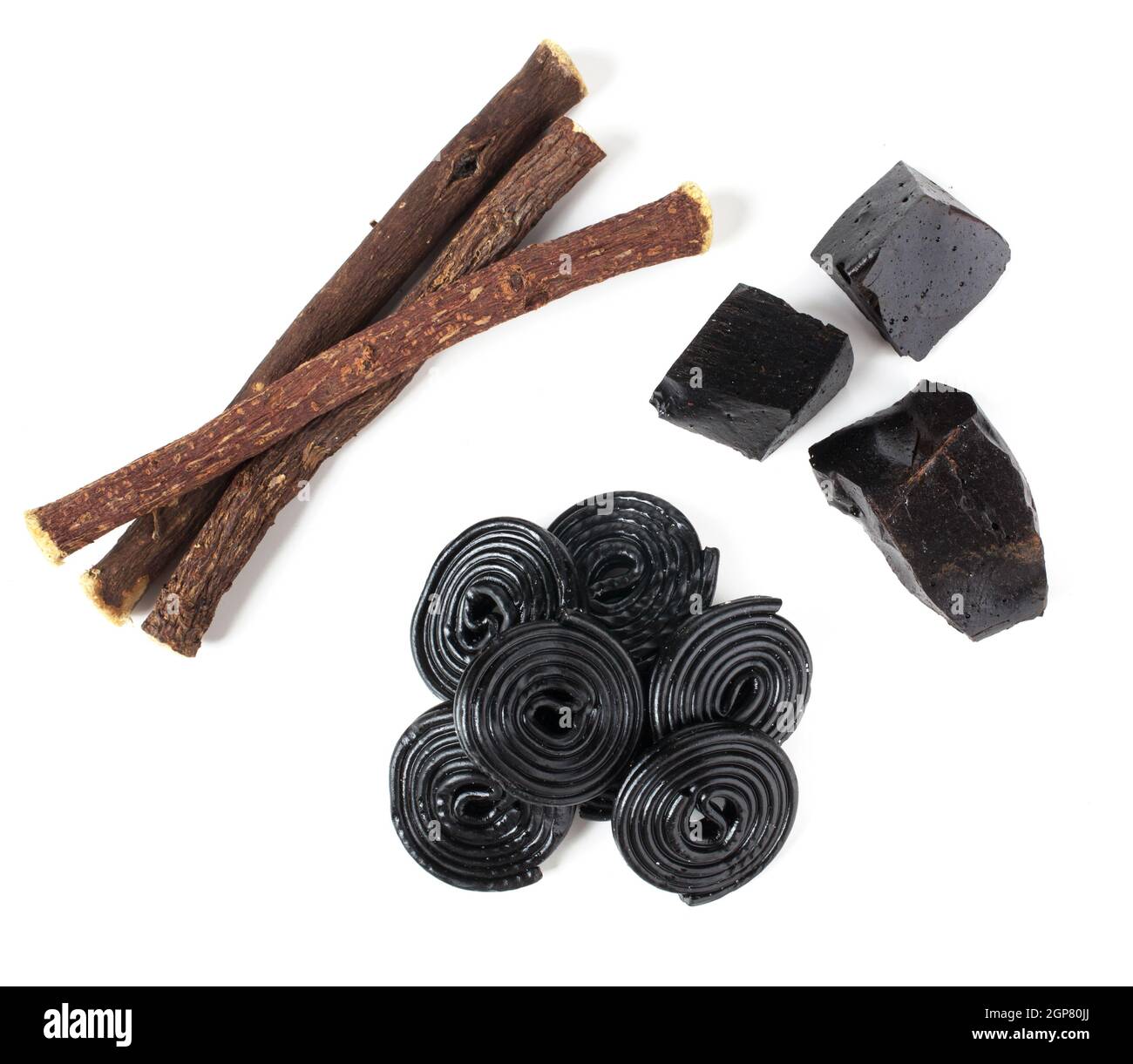 Production steps of licorice, roots, pure blocks and candy on white