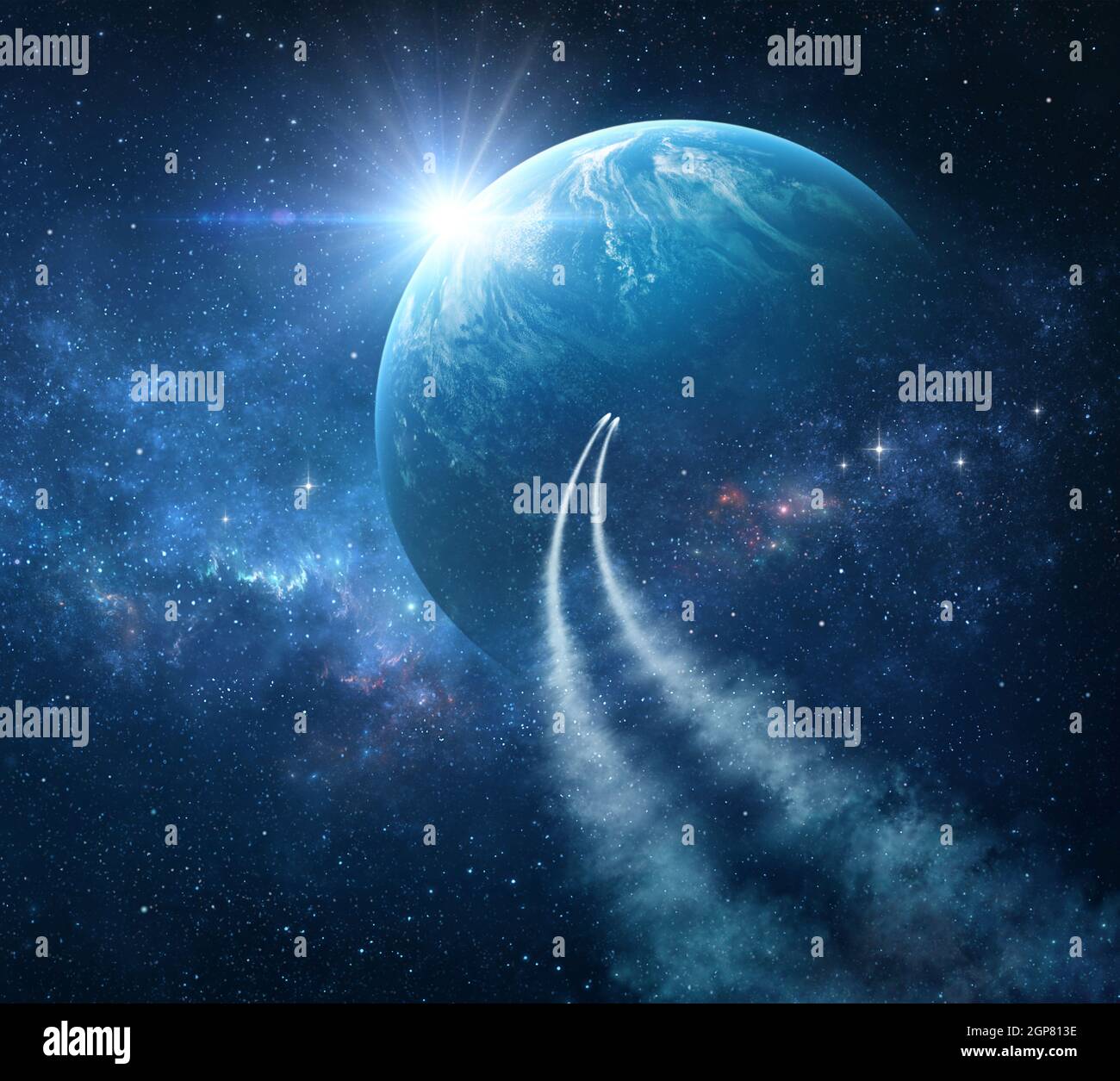 Spaceships traveling into deep space, exploring galaxies and Universe. Space probes passing through stars and nebulae towards another planet. Stock Photo