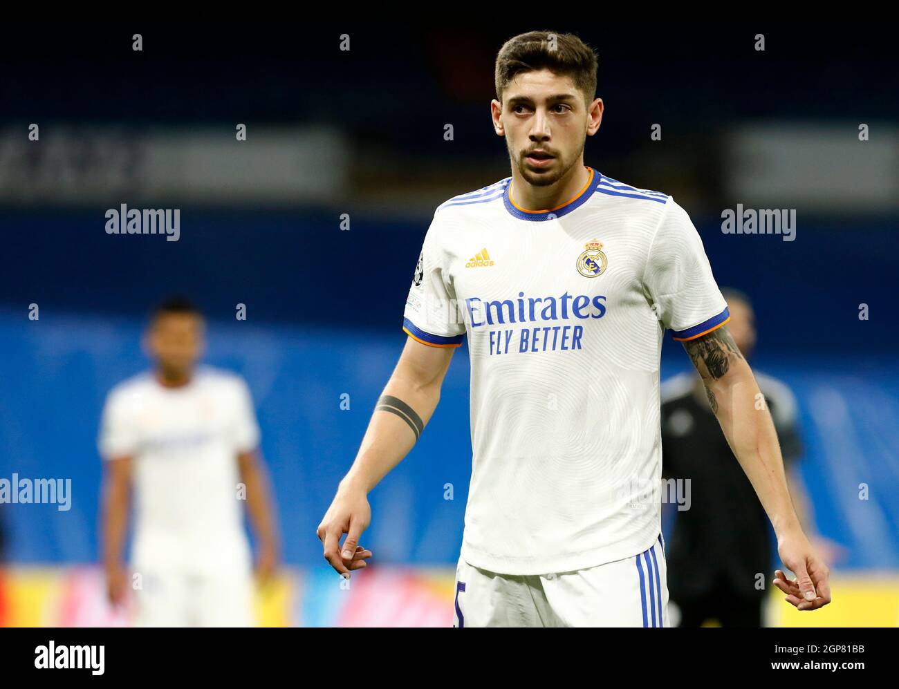 Federico Valverde of Real Madrid during the UEFA Champions League match between Real Madrid and Sheriff Tiraspol Munich at Estadio Santiago Bernabeu in Madrid, Spain. Stock Photo