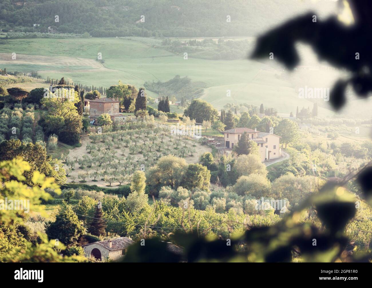 Typical landscape of Tuscany hills with lens flare Stock Photo - Alamy