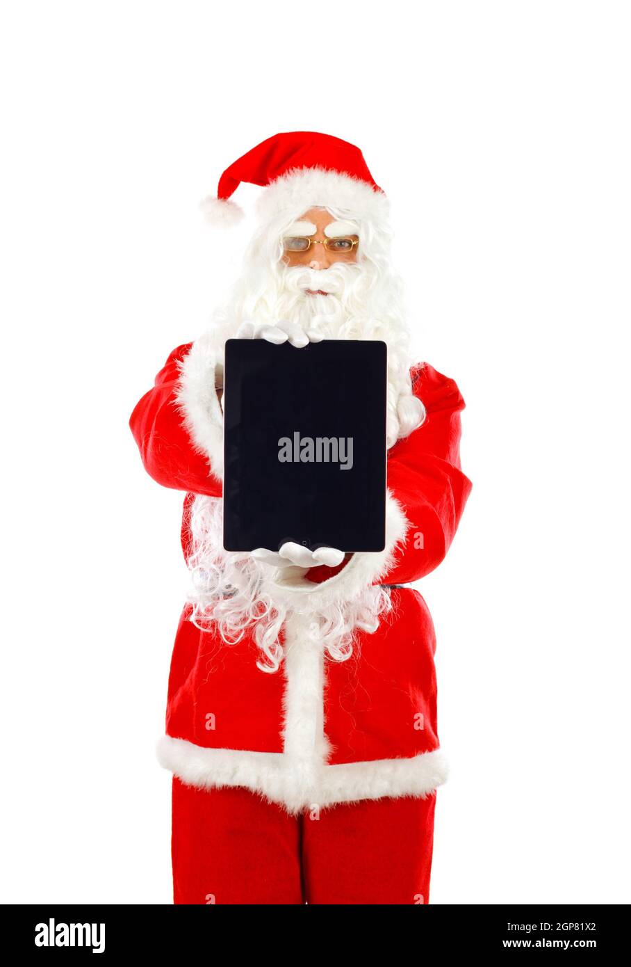 Santa Claus with tablet on white background Stock Photo - Alamy