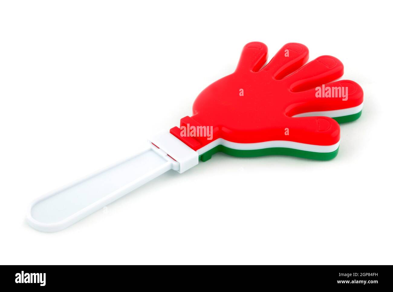 Toy in the shape of hand to make noise. Made of plastic and colors of