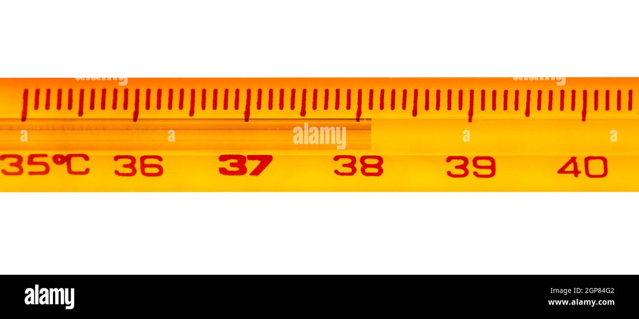 Mercury thermometer with temperatures exceeding 38 degrees celsius Stock Photo