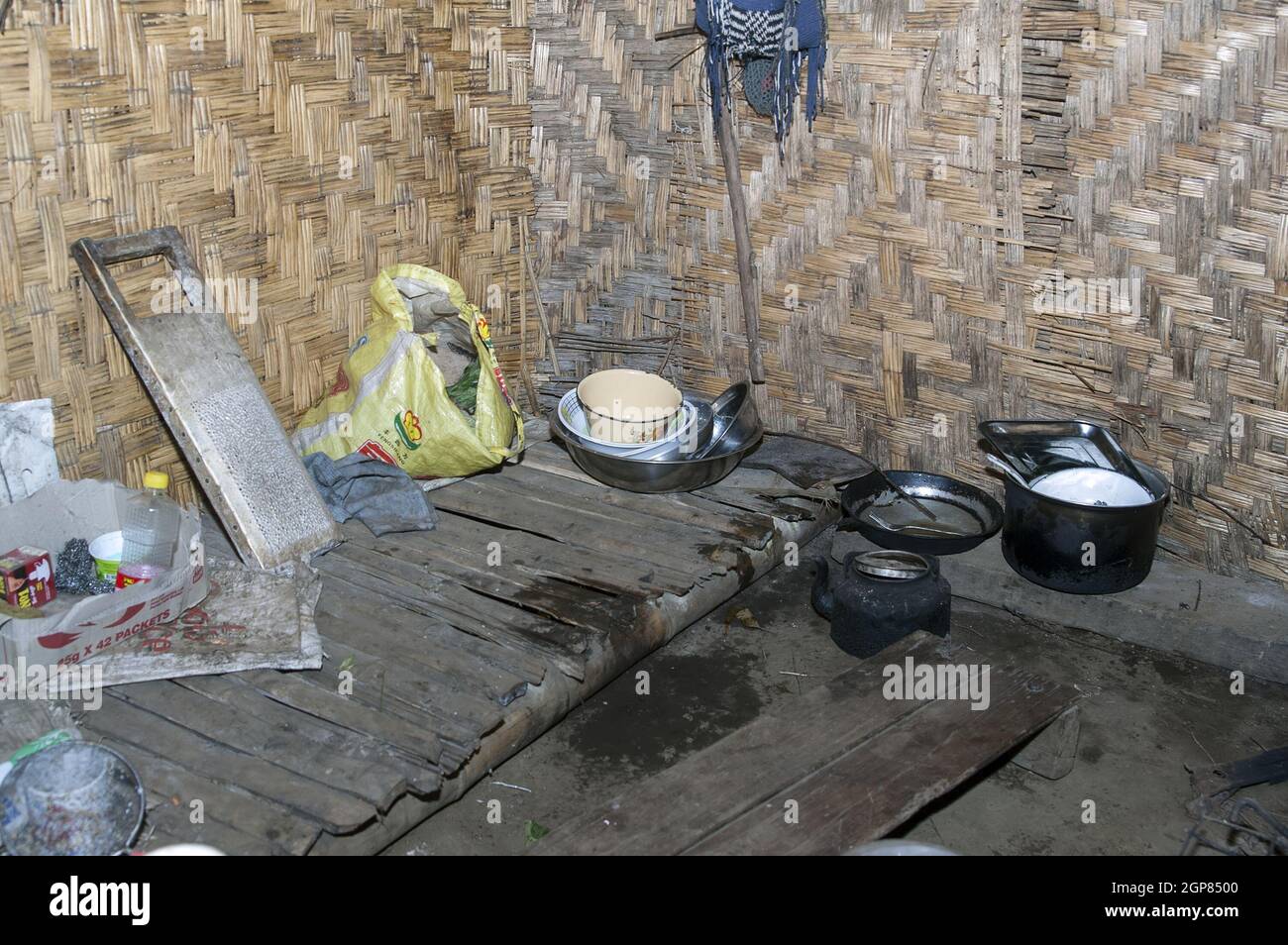Papua New Guinea; Goroka; The Catholic Missionary Station of Namta (Mefenga) led by the Missionaries of the Holy Family. Interior of a papuan hut Stock Photo