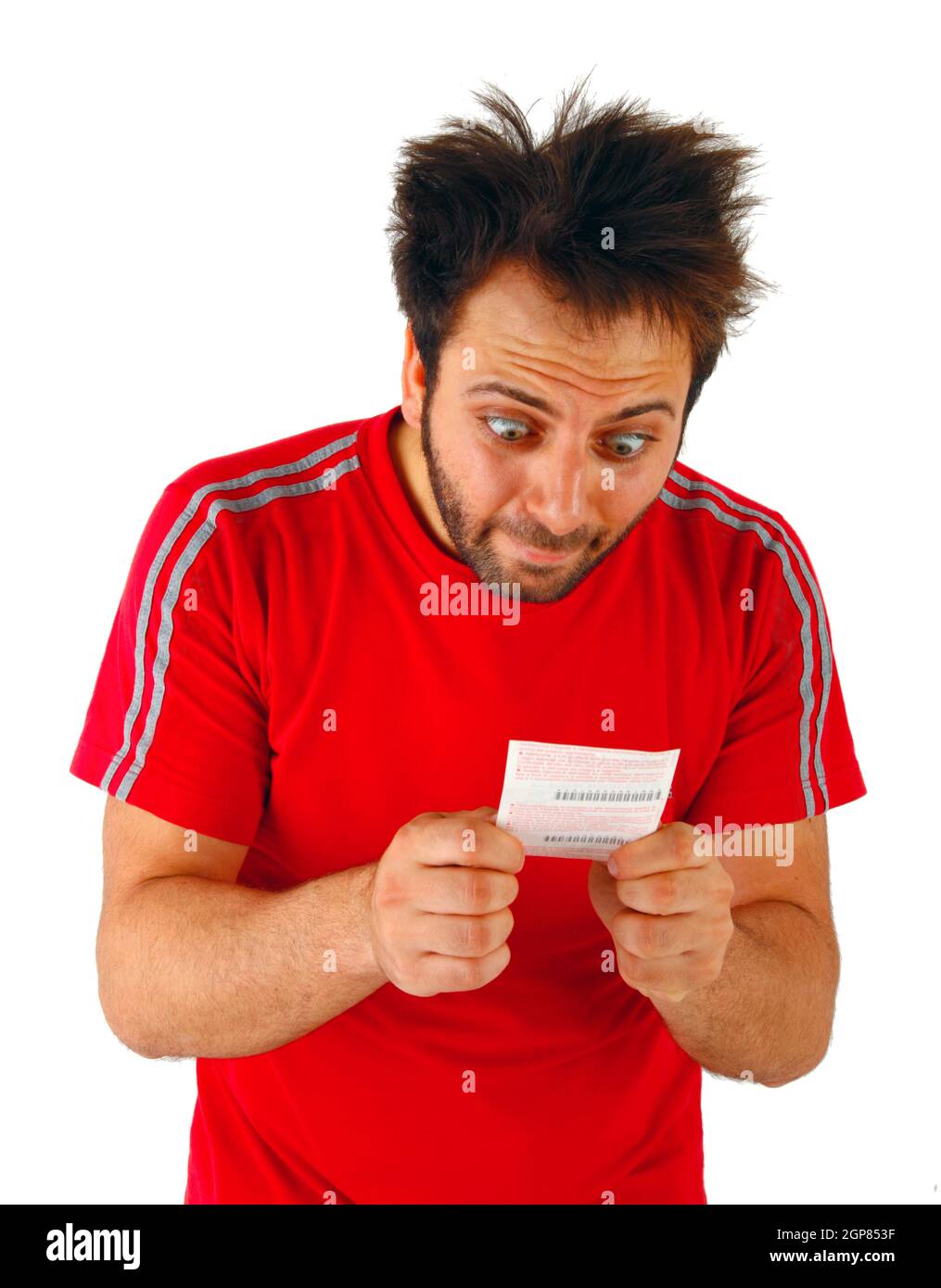 Young boy with a surprised expression bet slip on white background ...