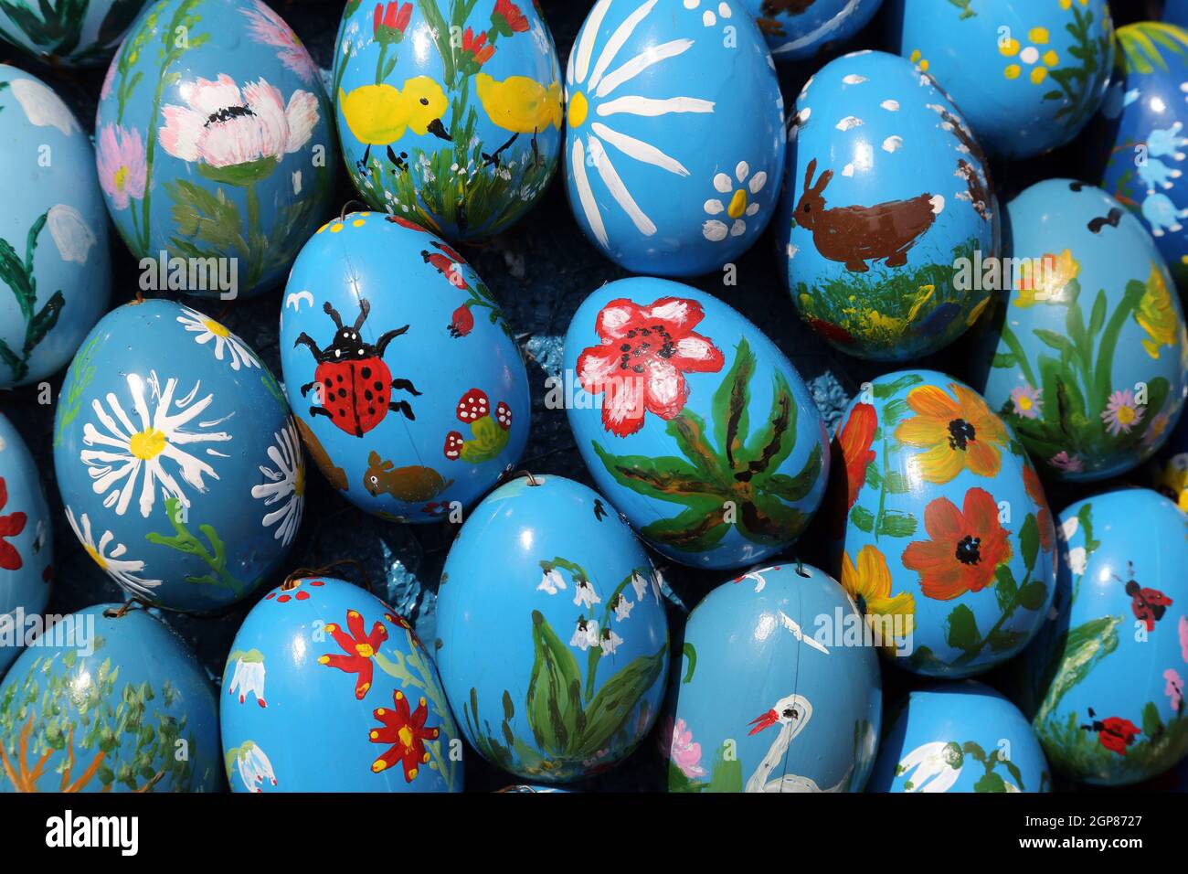 Easter eggs exposed in front of the parish church of St. Stephen in Wasseralfingen, Germany Stock Photo
