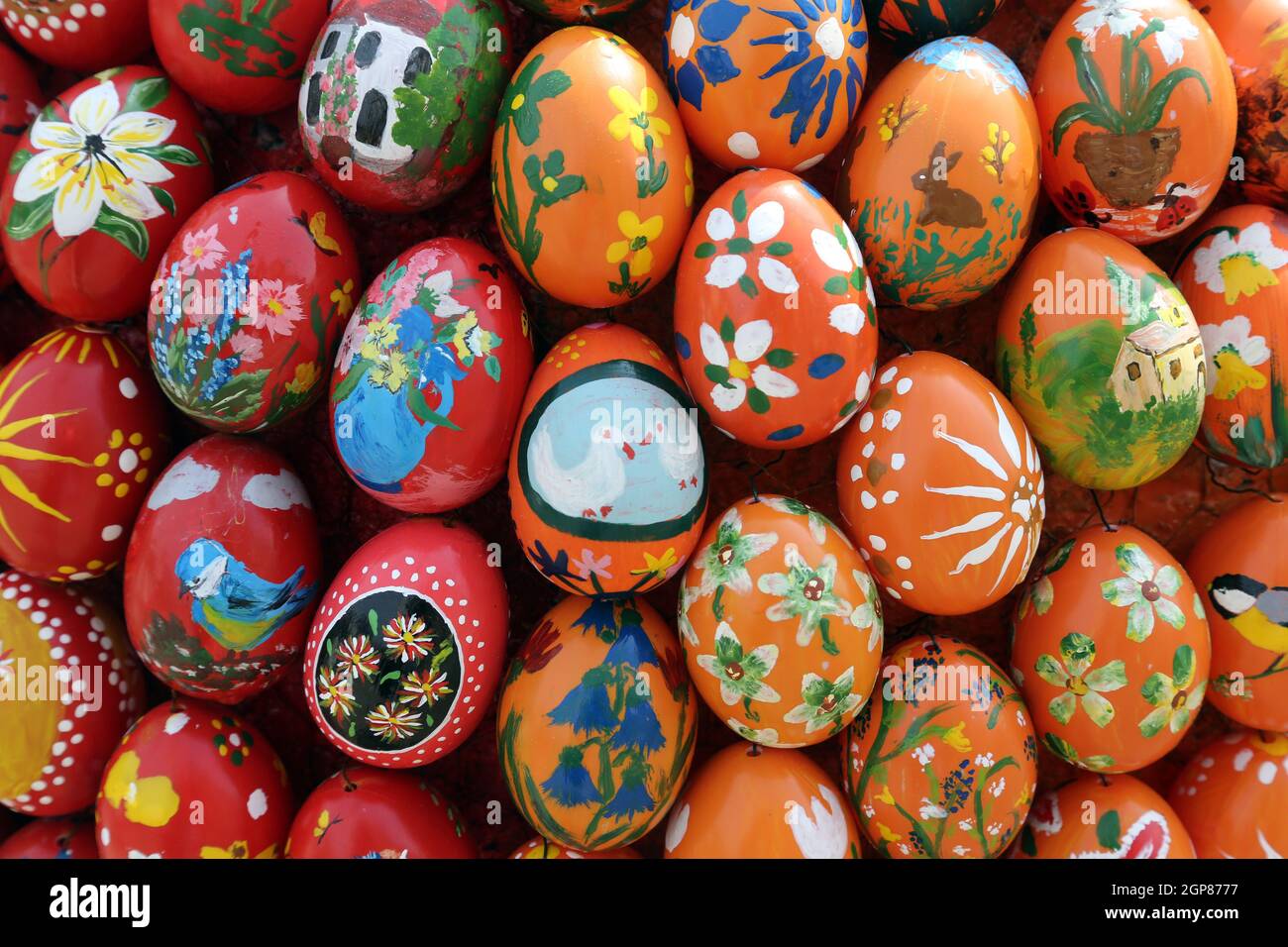 Easter eggs exposed in front of the parish church of St. Stephen in Wasseralfingen, Germany Stock Photo