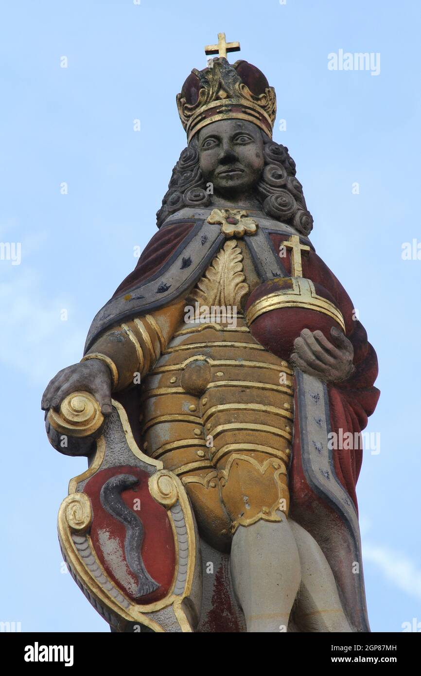 Statue depicting Joseph I at the market fountain in Aalen, Germany ...