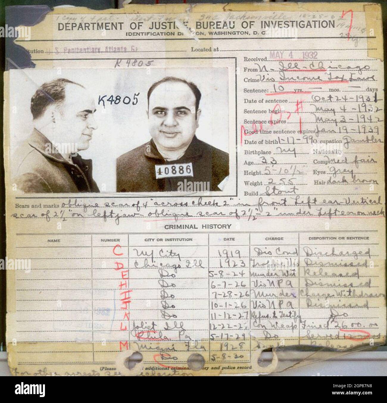 Al Capone's FBI criminal record in 1932, showing most of his criminal charges were dismissed. Alphonse Gabriel Capone (1899 – 1947) American gangster attained notoriety during the Prohibition era as the co-founder and boss of the Chicago Outfit. His seven-year reign as a crime boss ended when he went to prison at the age of 33. Stock Photo