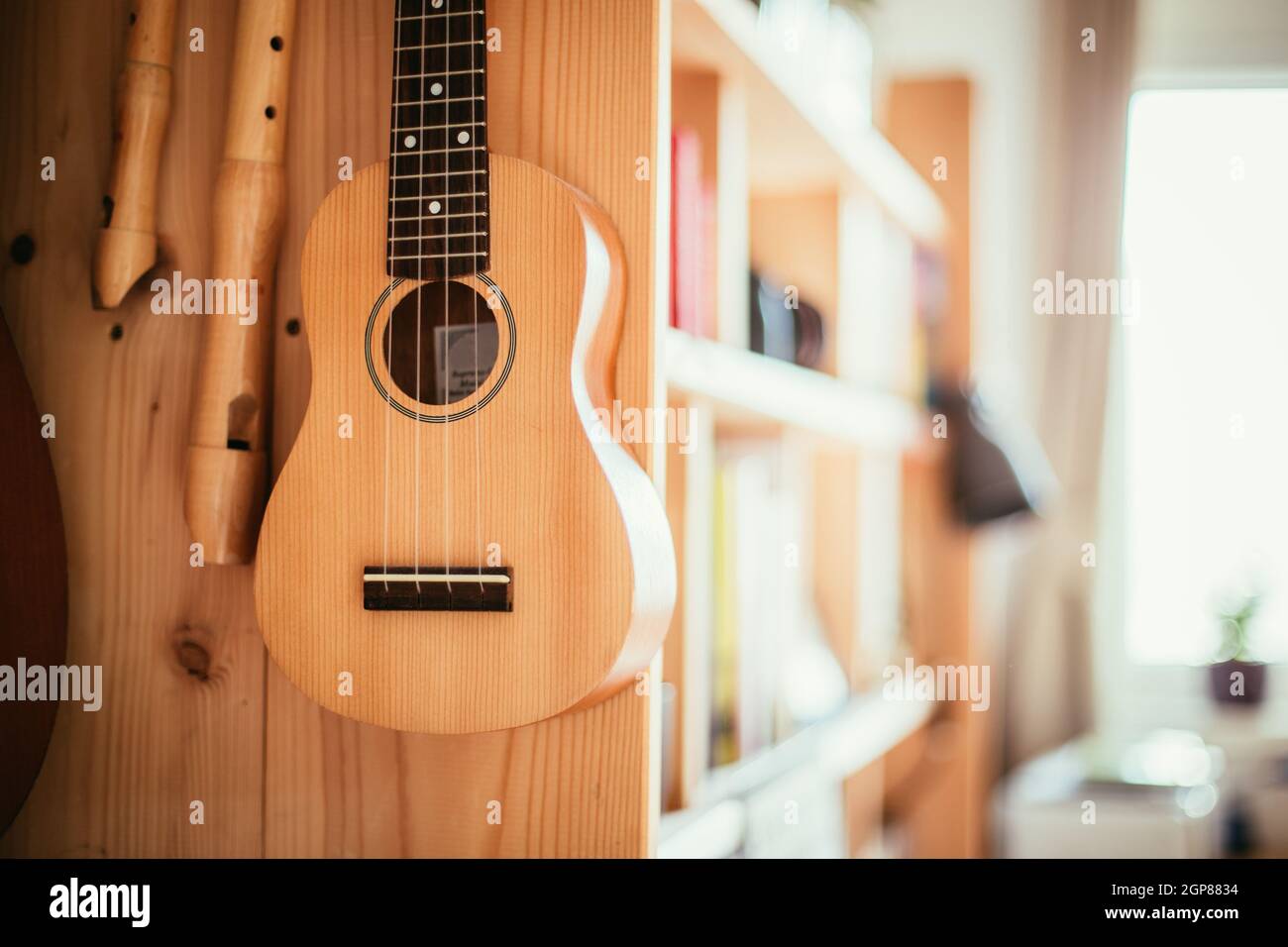 Ukulele and flutes hanging on a wooden bookshelf, close up picture