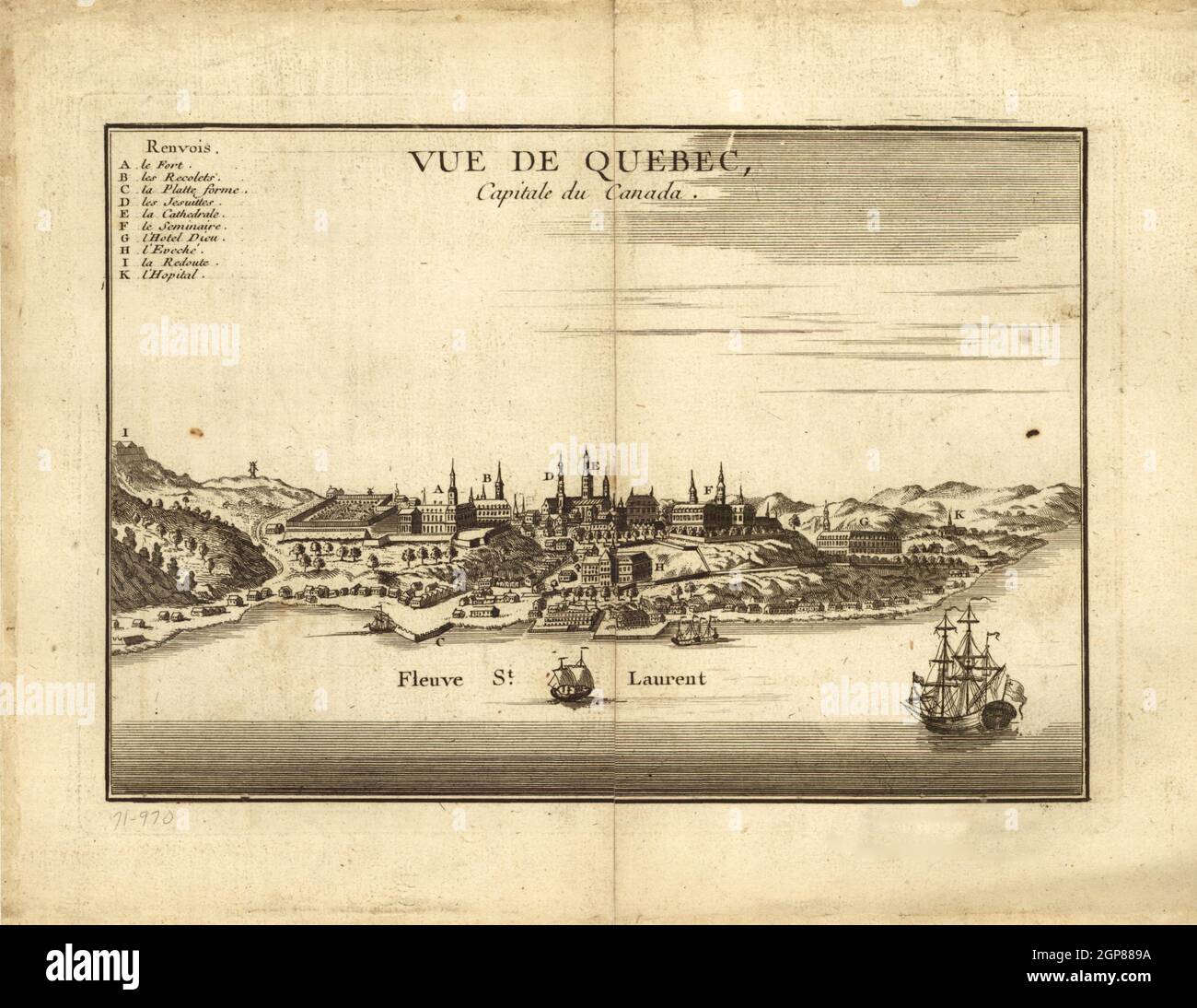 Panoramic view of Quebec City, Canada, in1755. Map also shows prominent buildings. Stock Photo