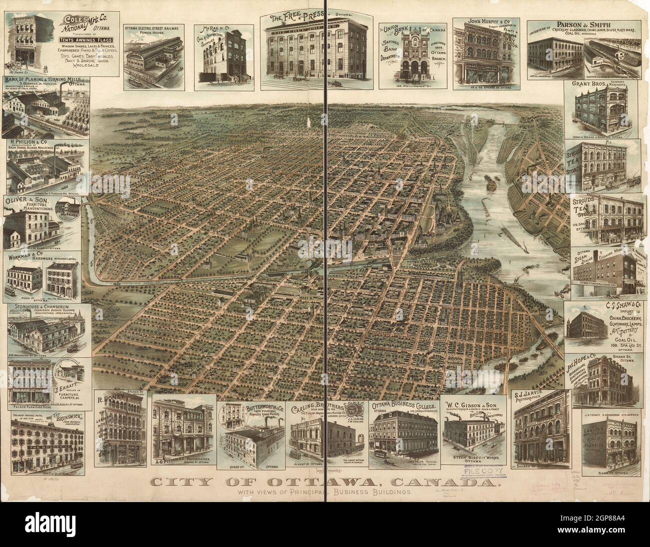 Panoramic map of the city of Ottawa, Ontario, Canada with views of principal business buildings in 1895. Stock Photo