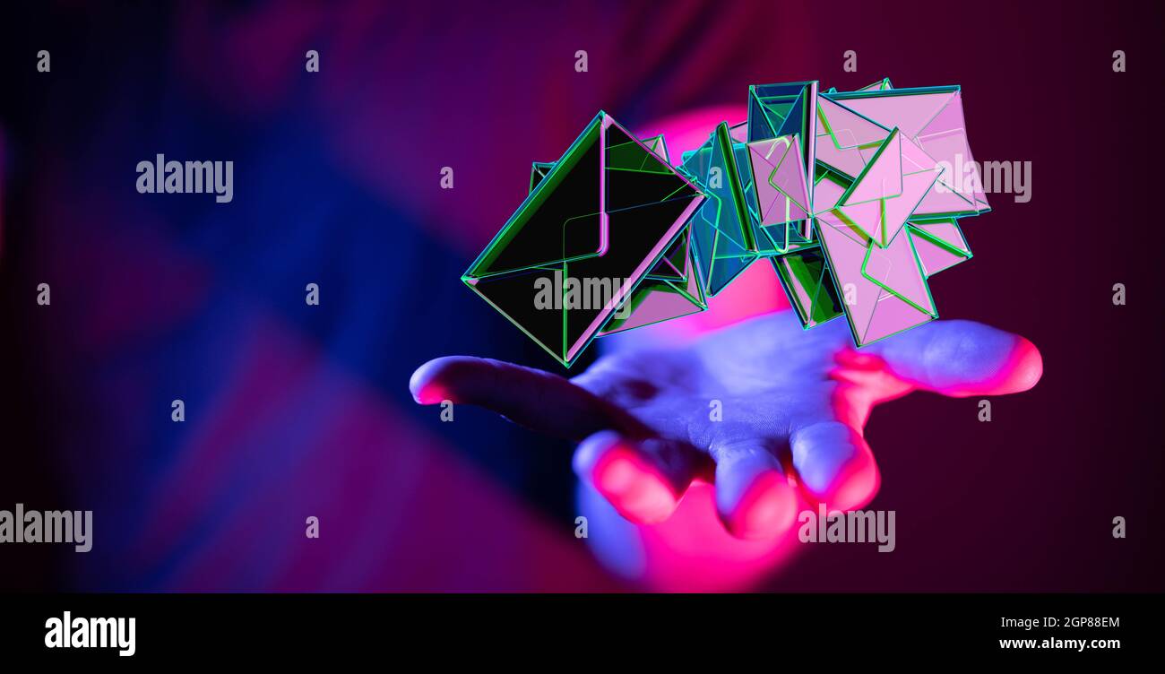 Group of inbox emails in a hand; electronic communication concept Stock