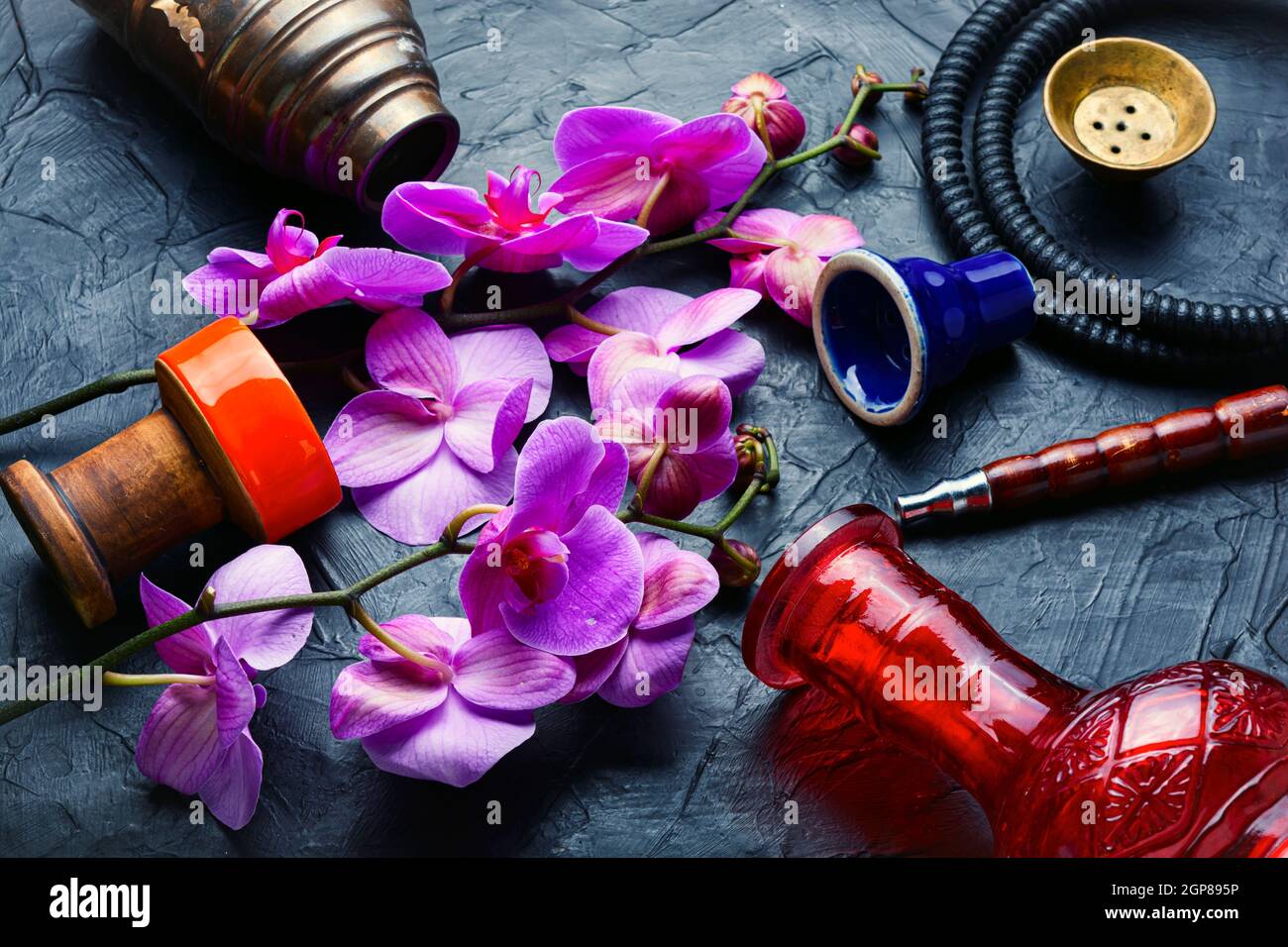 Modern smoking shisha with hookah tobacco with orchid aroma Stock Photo