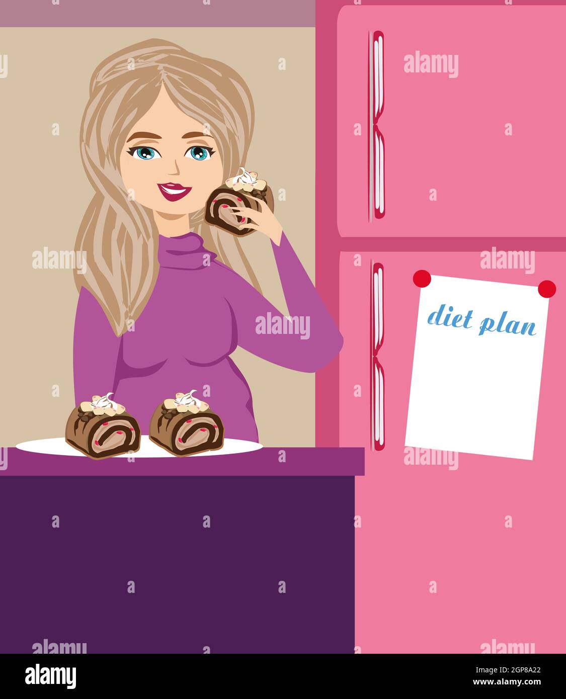 fat woman eats cake at night Stock Photo Alamy