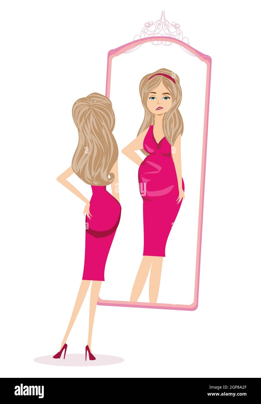unhappy girl is looking at herself in the mirror Stock Photo