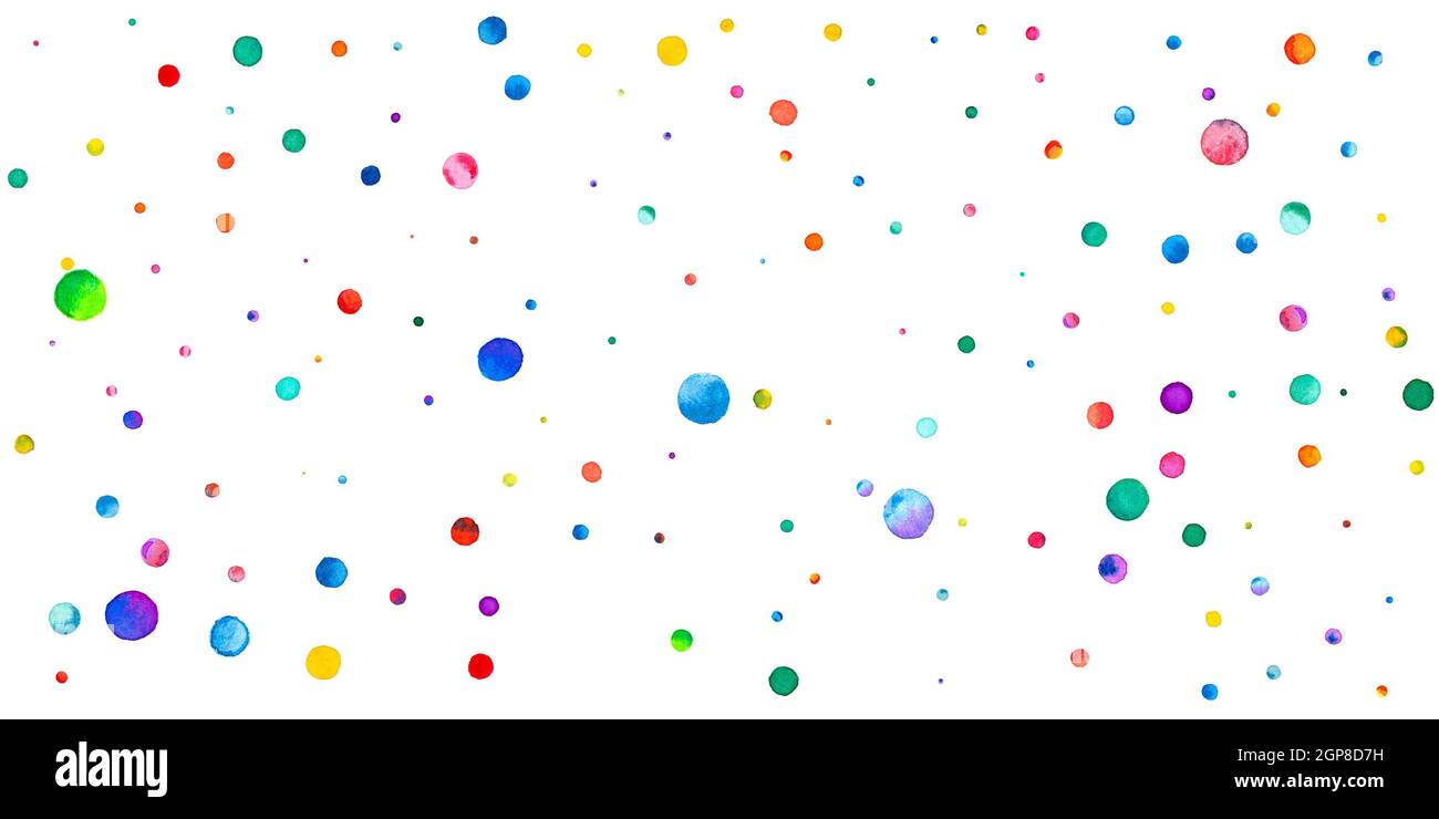 Watercolor confetti on white background. Adorable rainbow colored dots. Happy celebration wide colorful bright card. Fantastic hand painted confetti. Stock Photo