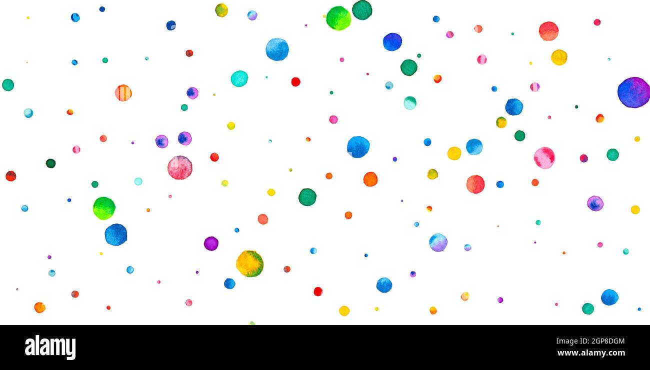 Watercolor confetti on white background. Adorable rainbow colored dots. Happy celebration wide colorful bright card. Energetic hand painted confetti. Stock Photo