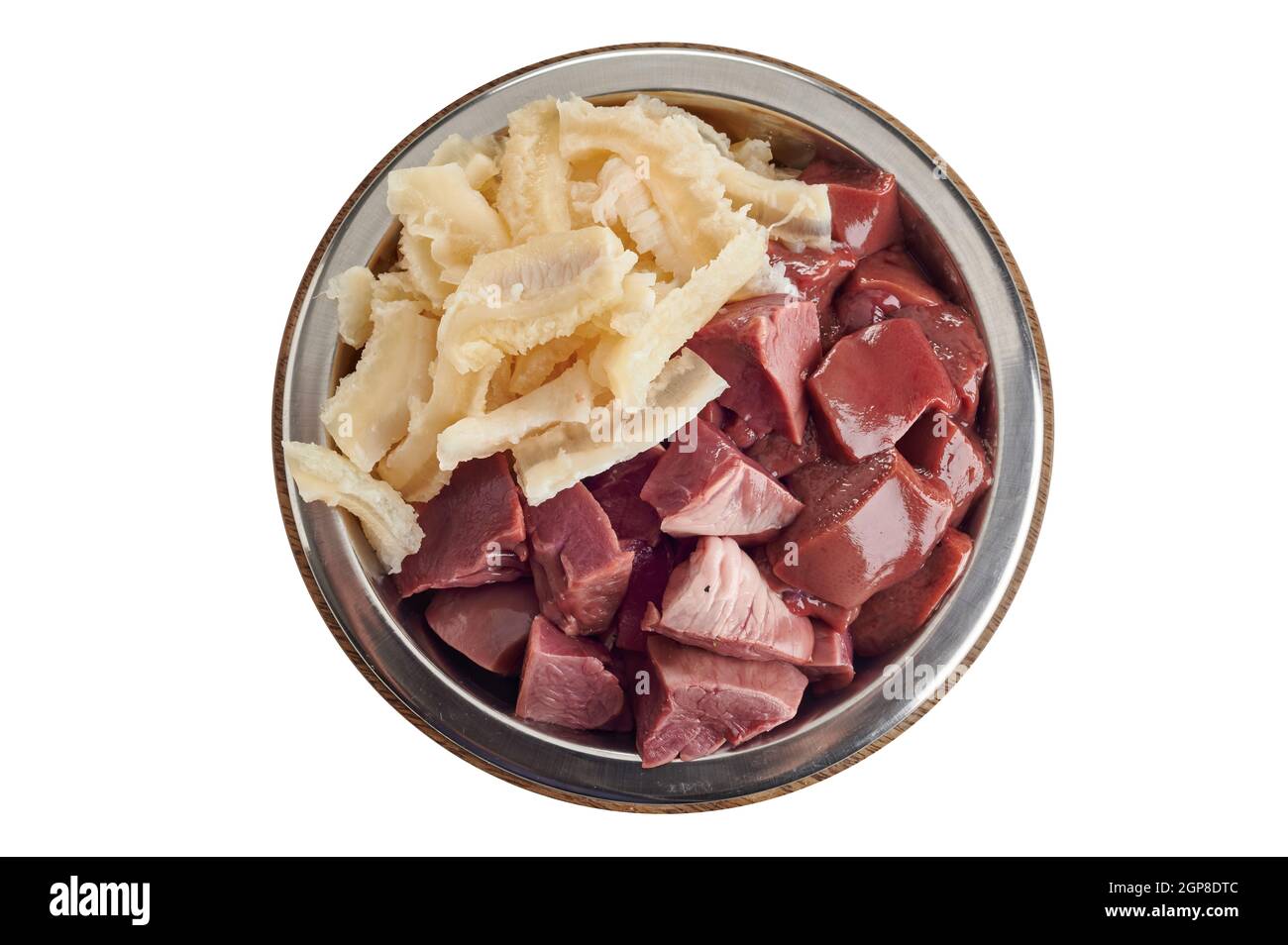 Fresh cleaned and diced offal or barf for your pet with raw liver and tripe or stomach in a bowl viewed top down on white in a healthy animal nutritio Stock Photo