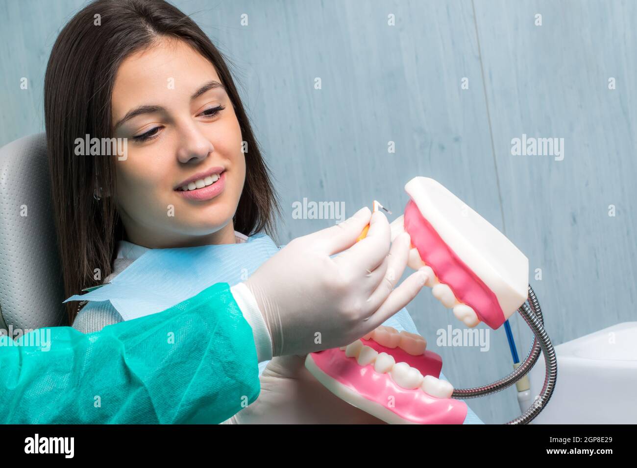 Close up of hand showing dental patient interdental cleaning on oversize human teeth prosthesis. Young woman in clinic. Stock Photo
