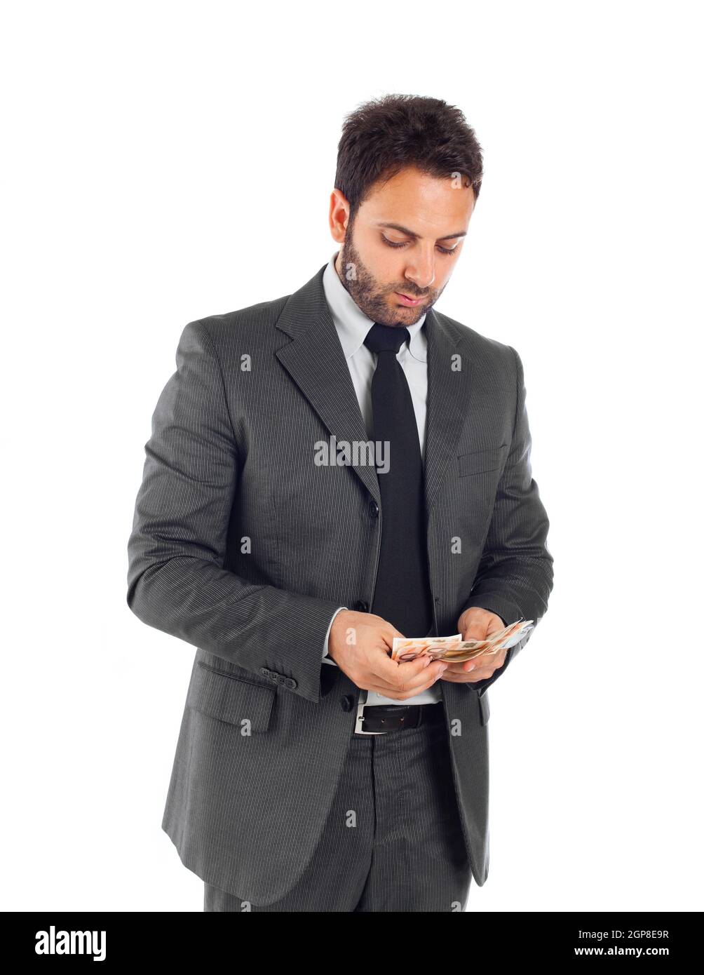 Businessman counting money on white background Stock Photo - Alamy