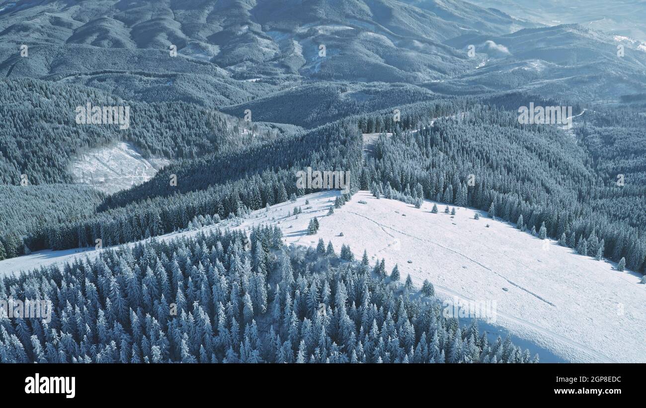 Snow ski slope resort at mountain aerial. Active sport and recreation. Nobody nature landscape. Extreme mountaineering vacation. Unbelievable holiday at Carpathian mounts, Bukovel, Ukraine, Europe Stock Photo