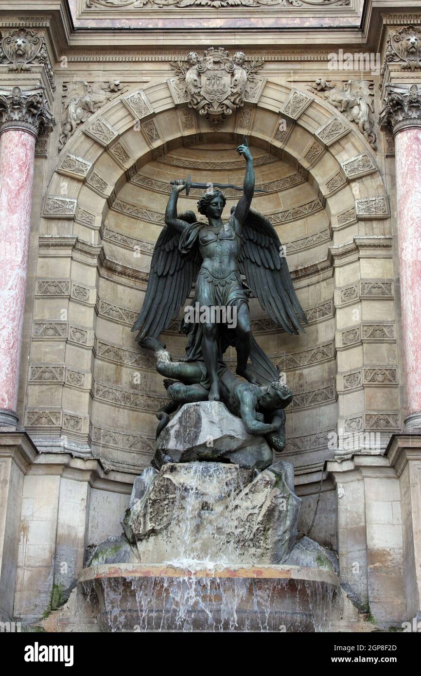 Fountain Saint-Michel at Place Saint-Michel in Paris, France. It was constructed in 1858-1860 during French Second Empire by architect Gabriel Davioud Stock Photo