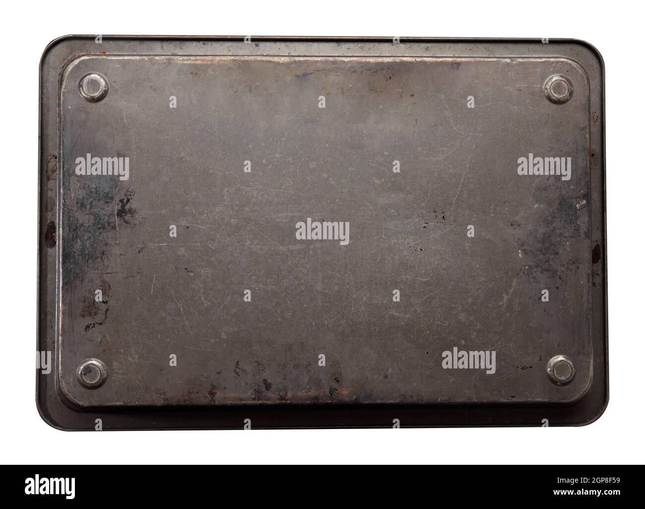 rusty rectangular baking sheet isolated on white background, close up Stock Photo