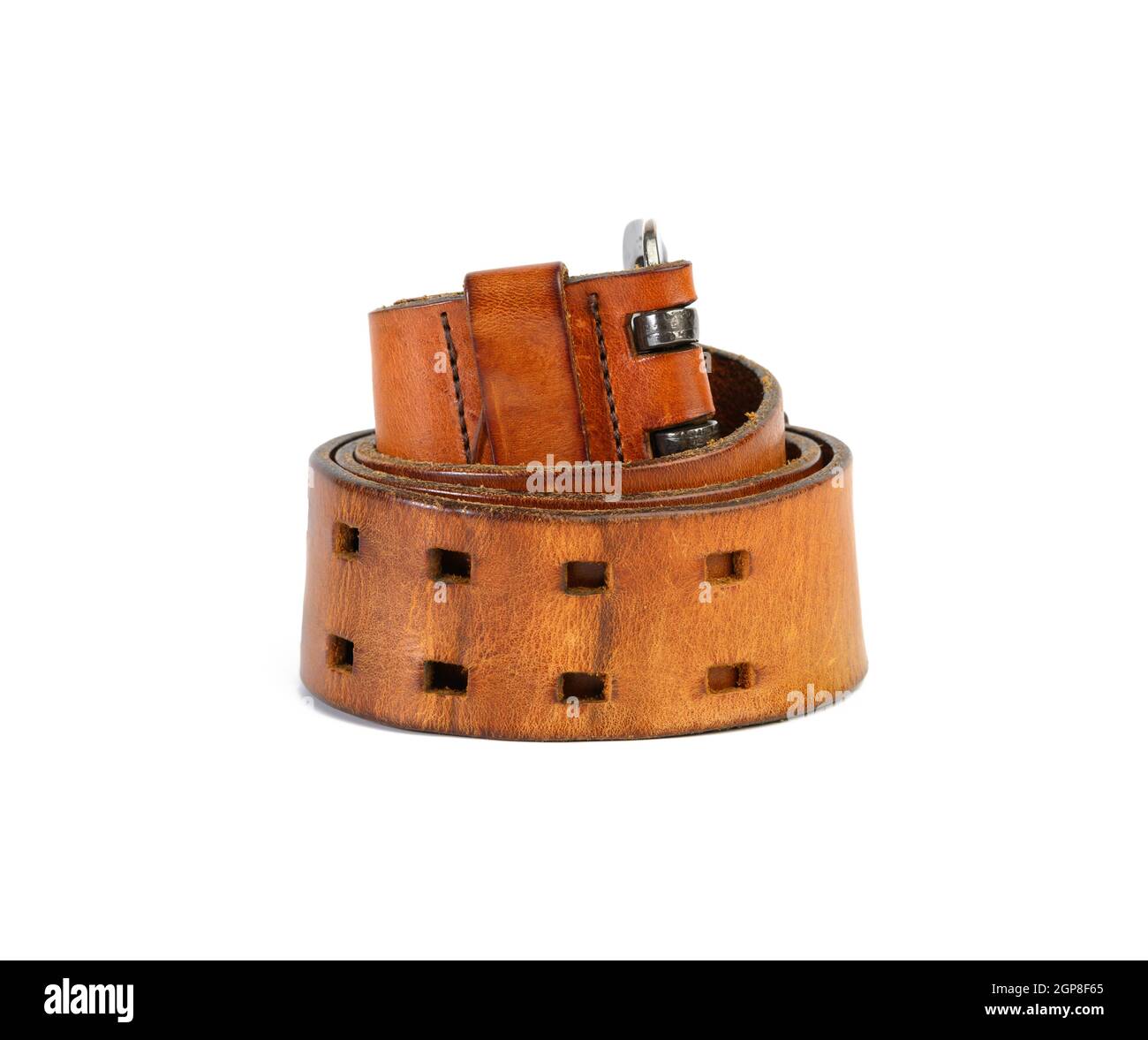 twisted brown leather vintage belt with metal buckle isolated on white background, close up