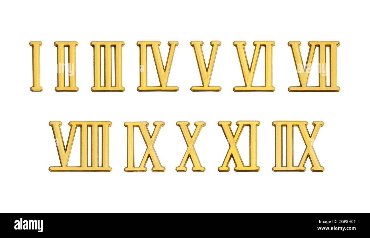 Gold Roman Numerals Cut Out on White. Stock Photo