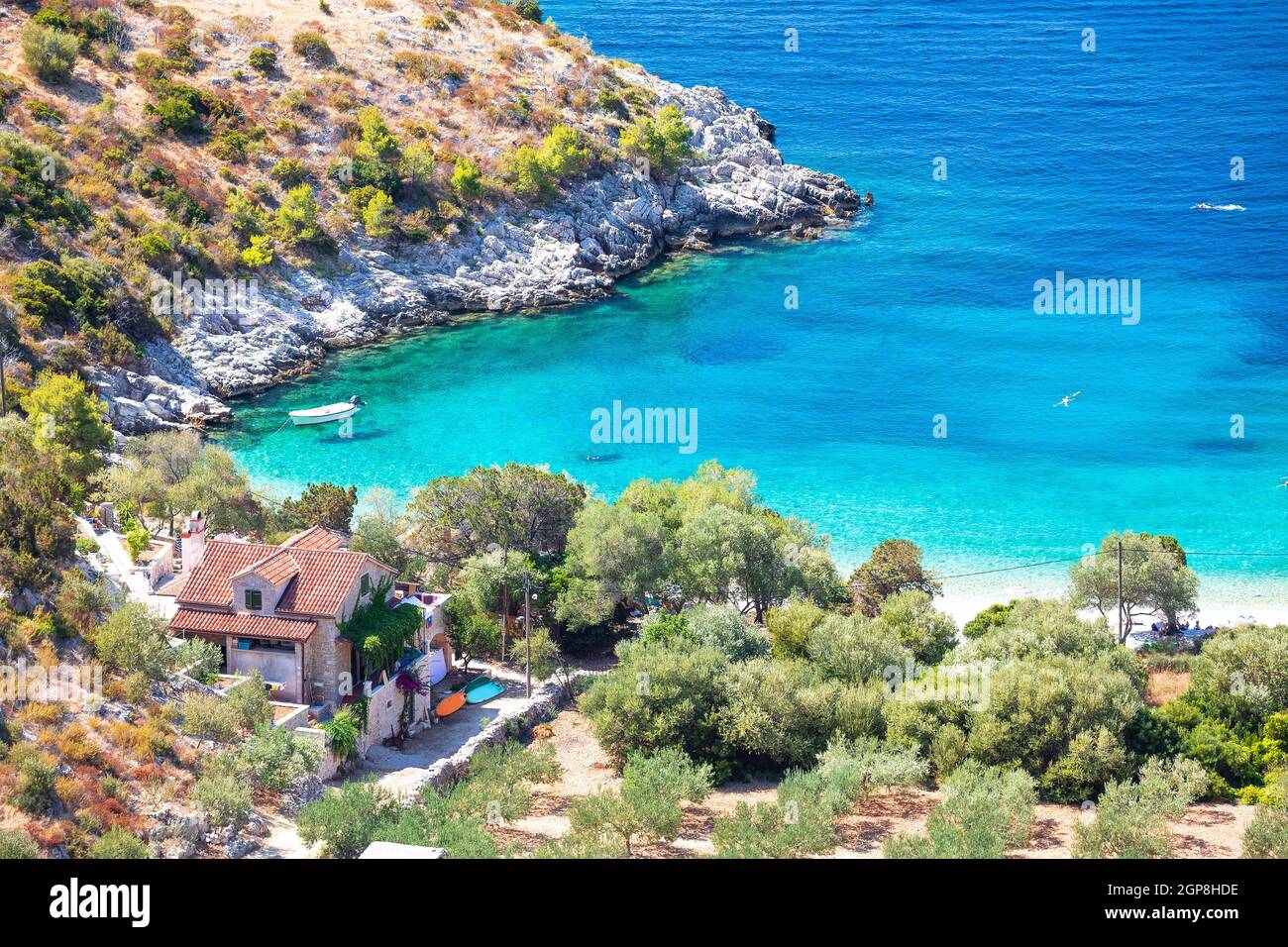 Idyllic beach in hidden cove of Dubovica on Hvar island view, Dalmatia archipelago of Croatia Stock Photo