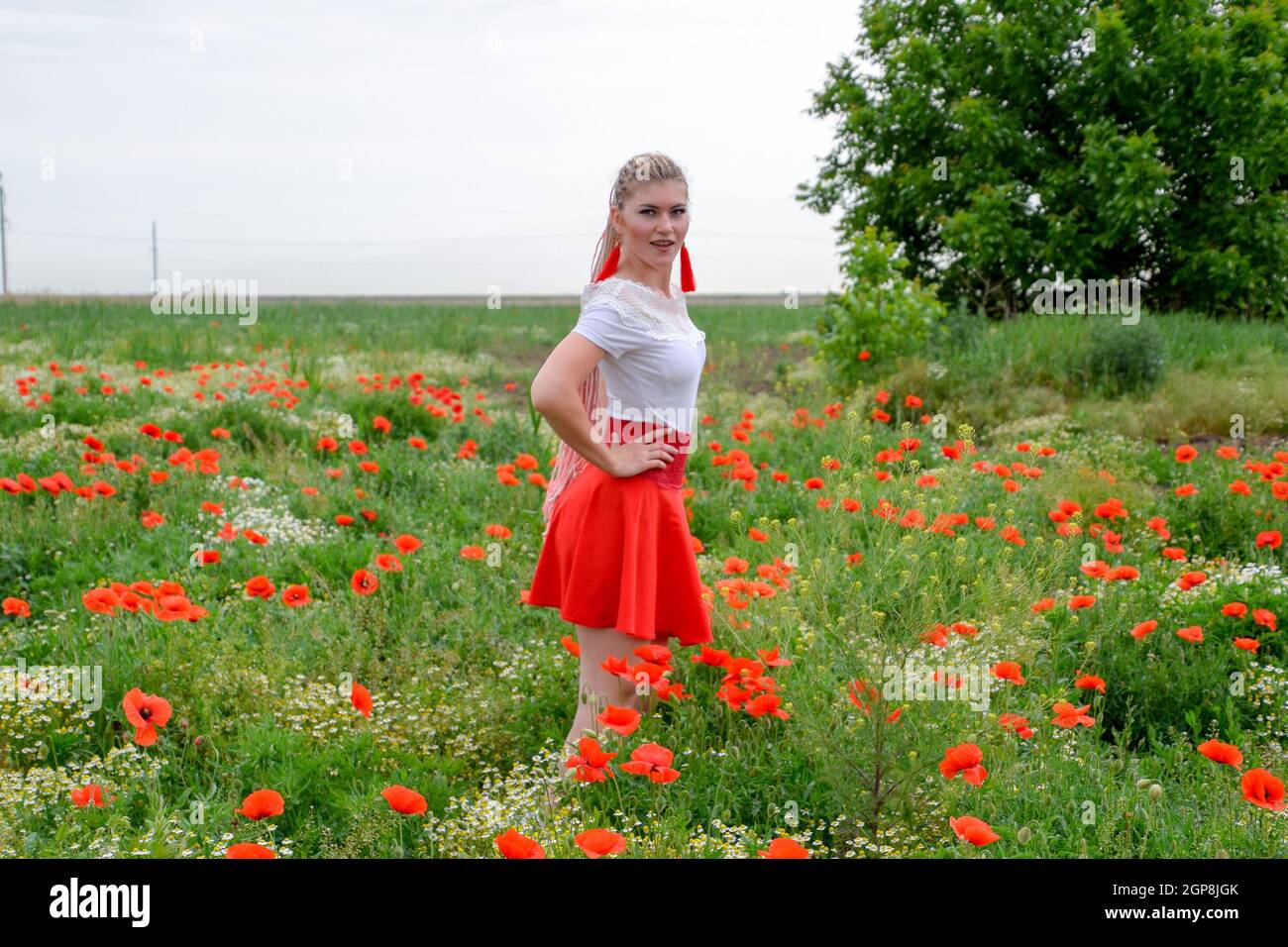 Blonde young woman in a red skirt and white shirt, red earrings is in the middle of a poppy field. Stock Photo
