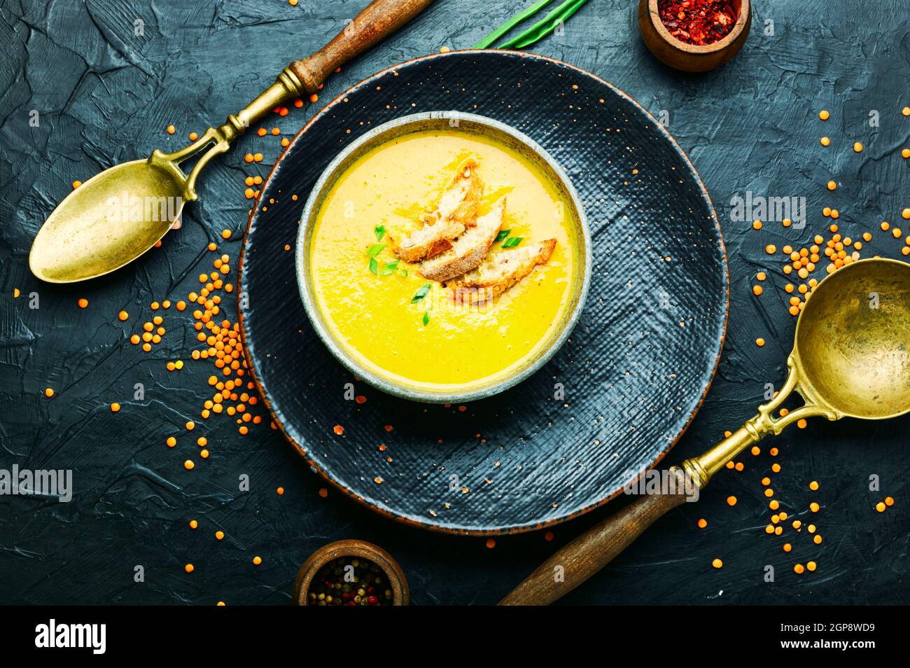 Vegetable spicy soup.Plate of aromatic red lentil soup Stock Photo Alamy
