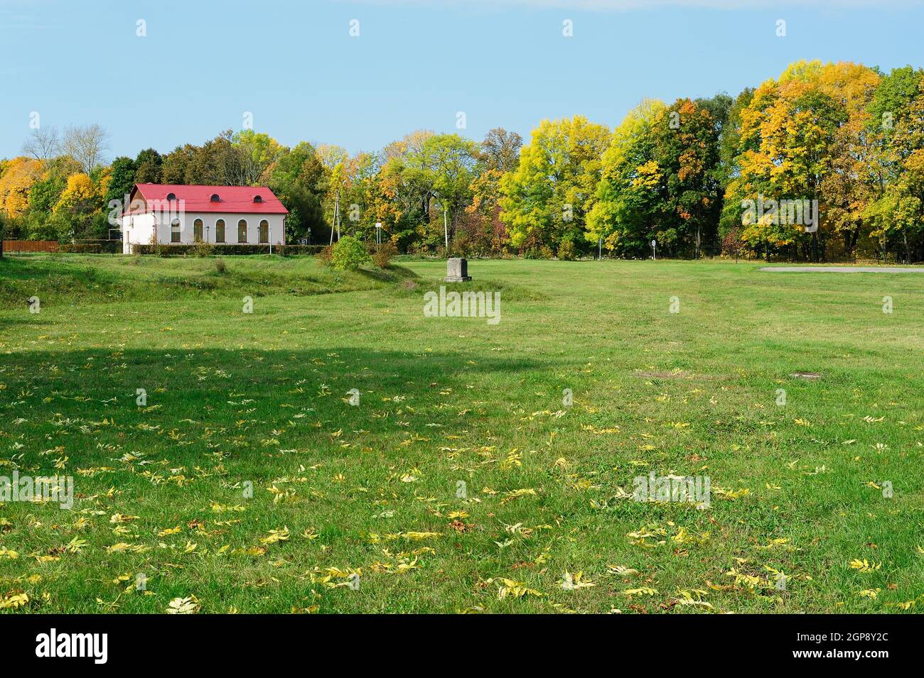 Little house on green summer meadow in Spasskoye-Lutovinovo horizontal Stock Photo