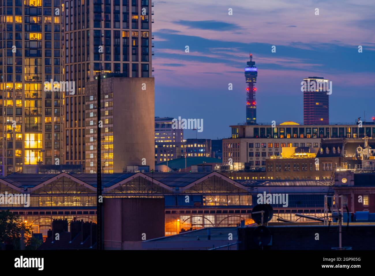 View of the Post Office Tower and rooftop of Waterloo Station at dusk