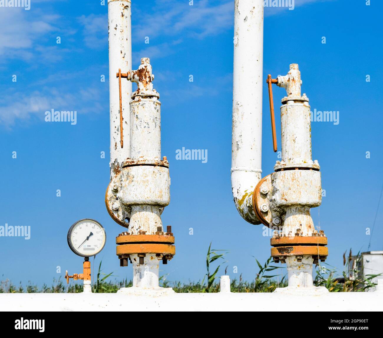 Steel spring safety valve and pressure gauge on the pressure vessel