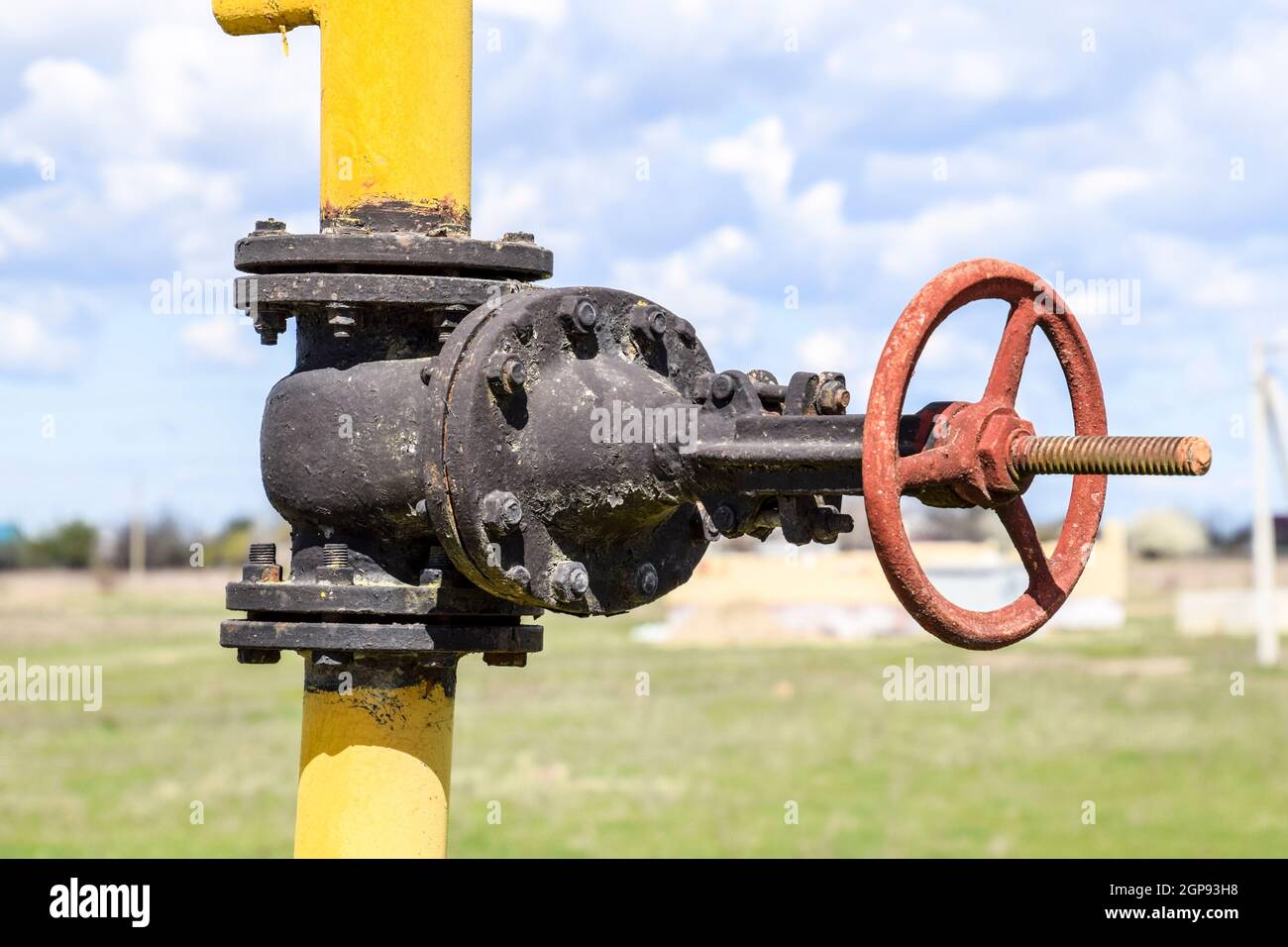 Manual shut-off valve on oil well. Oil well wellhead equipment Stock Photo