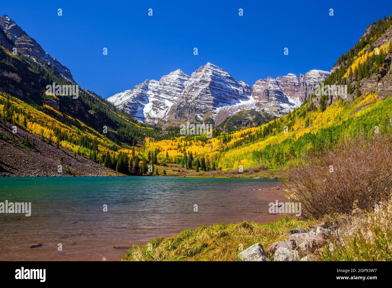 Landscape photo of Maroon bell in Aspen Colorado autumn season, United States Stock Photo