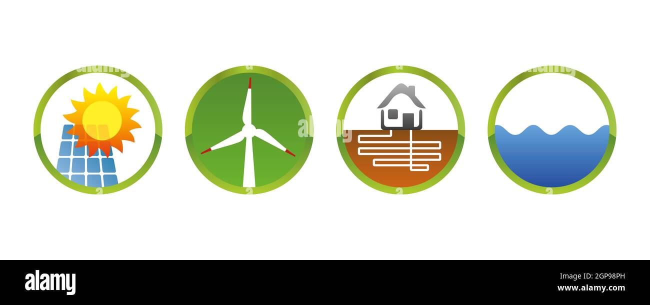 Solar power wind power geothermal hydropower green energy icons . Vector illustration Stock