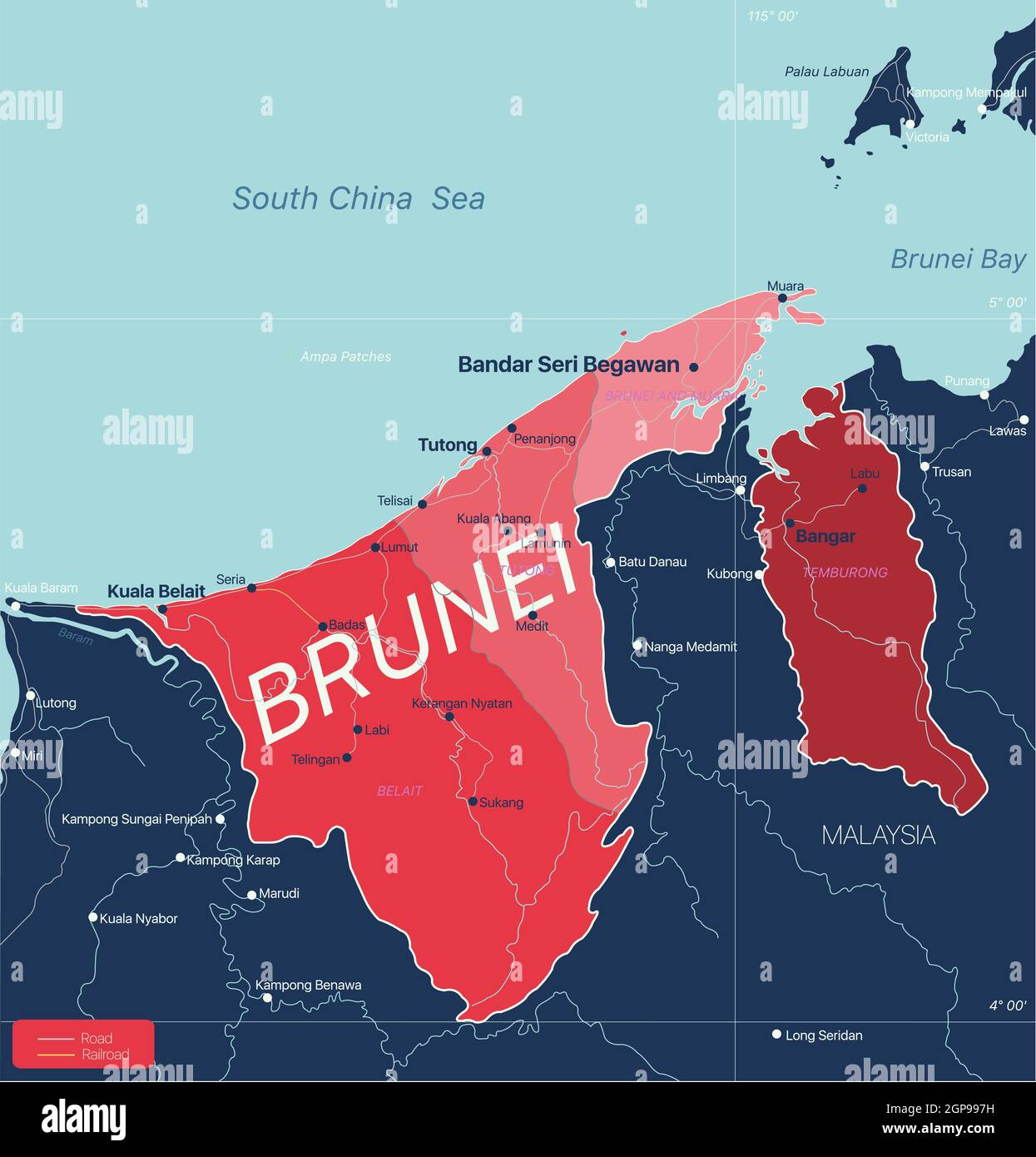 Brunei Country Detailed Editable Map With Regions Cities And Towns Brunei Country Detailed Editable Map With Regions Cities And Towns Roads And Railways Geographic Sites Vector Eps 10 File 2GP997H 