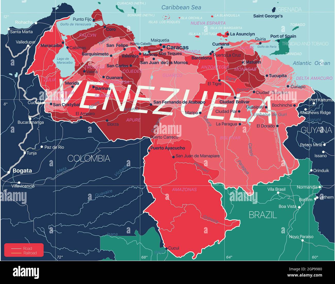 Venezuela country detailed editable map with regions cities and towns, roads and railways, geographic sites. Vector EPS-10 file Stock Photo