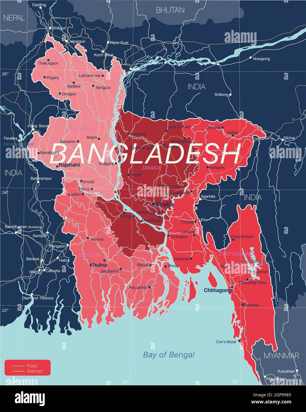 Bangladesh country detailed editable map with regions cities and towns, roads and railways, geographic sites. Vector EPS-10 file Stock Photo
