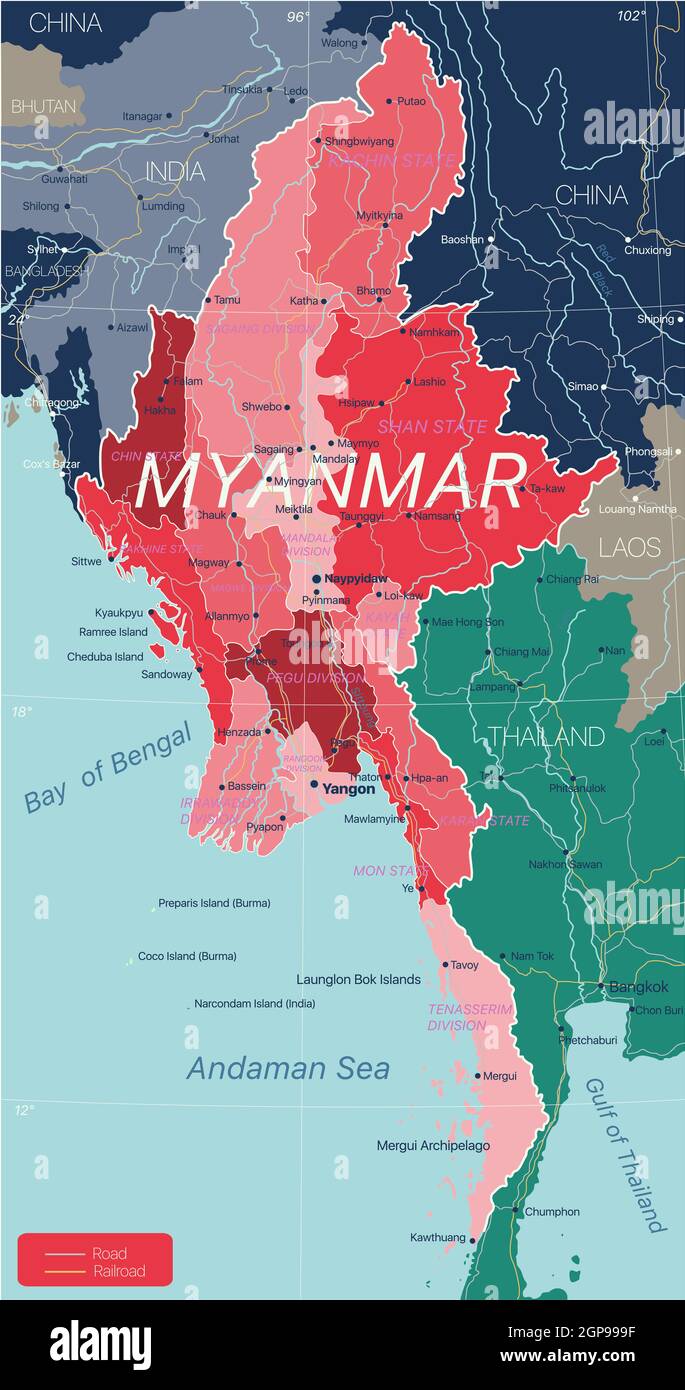 Myanmar country detailed editable map with regions cities and towns, roads and railways, geographic sites. Vector EPS-10 file Stock Photo