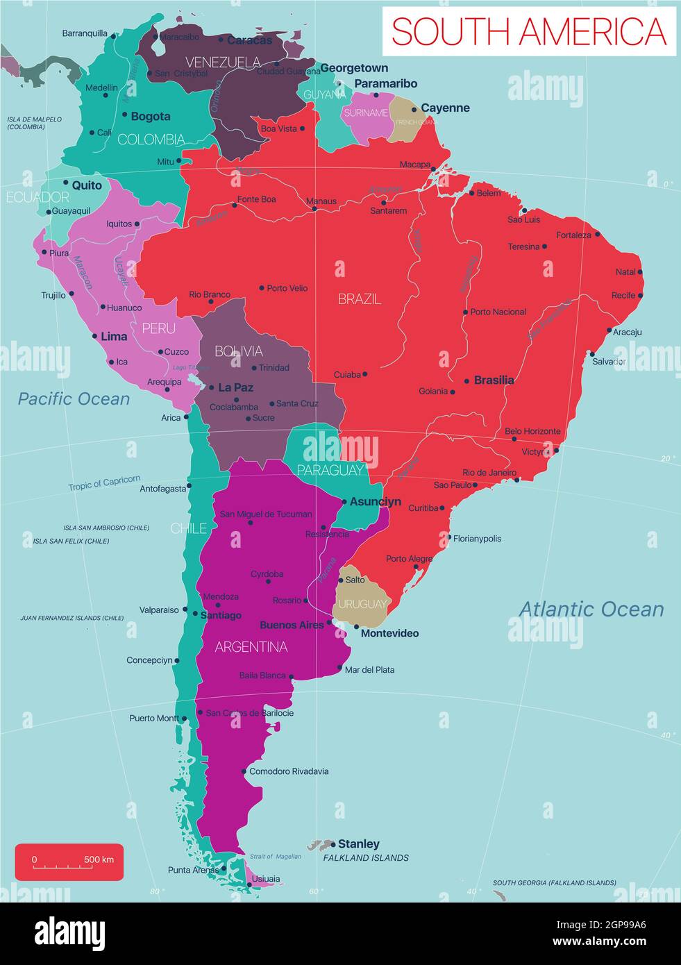 Detailed Political Map Of South America With Capitals And Major Cities Detailed Political Map Of South America With Capitals And Major Cities