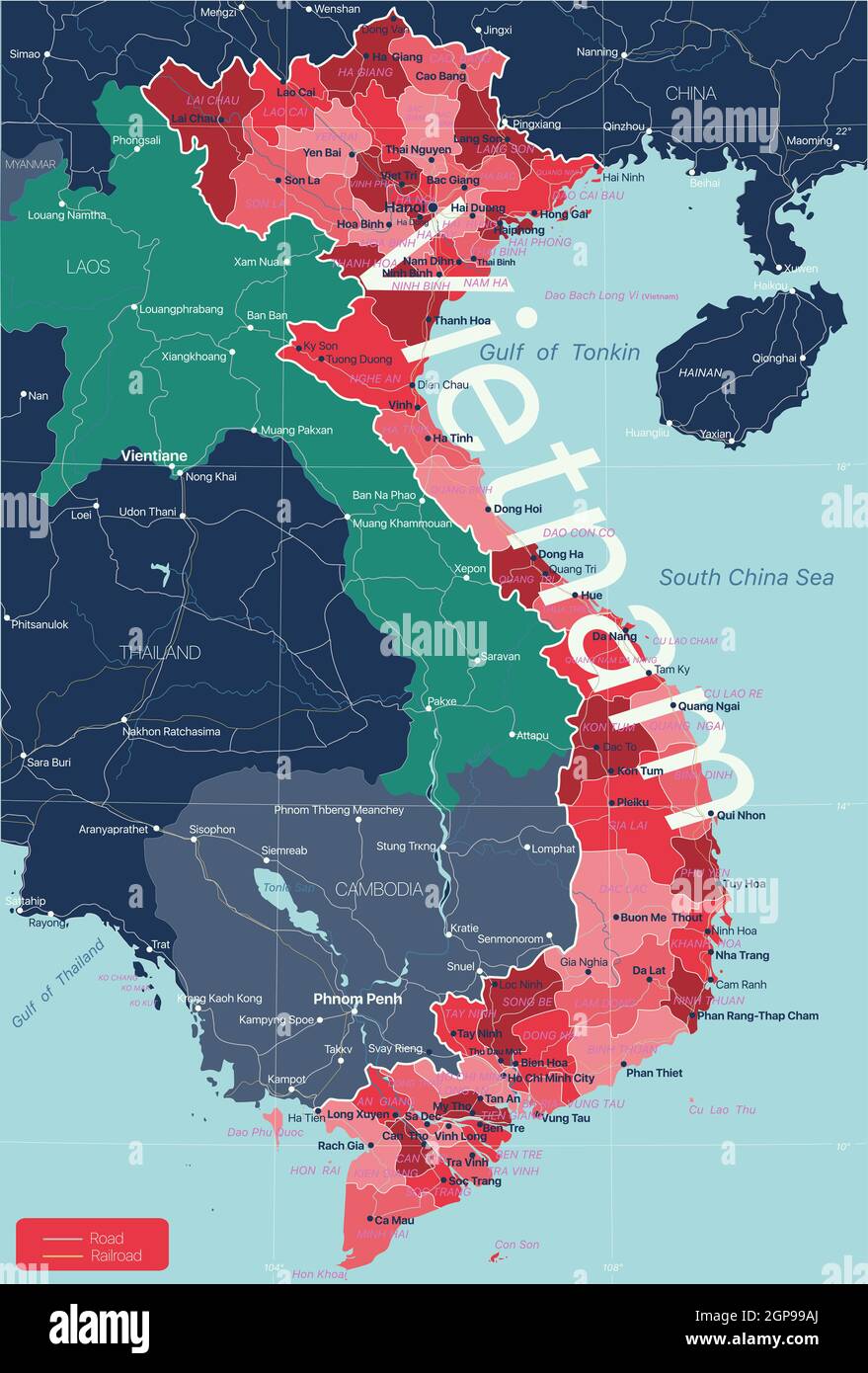 Vietnam country detailed editable map with regions cities and towns, roads and railways, geographic sites. Vector EPS-10 file Stock Photo