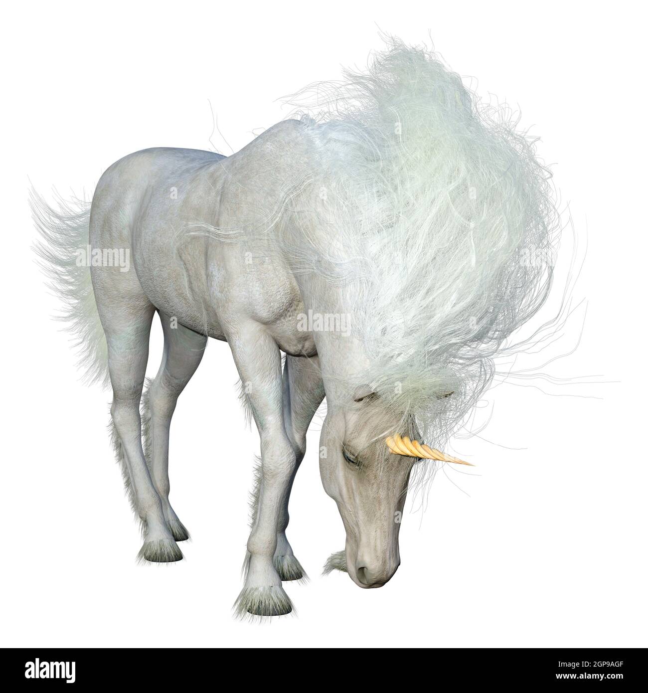 3D rendering of a fantasy white unicorn isolated on white background ...