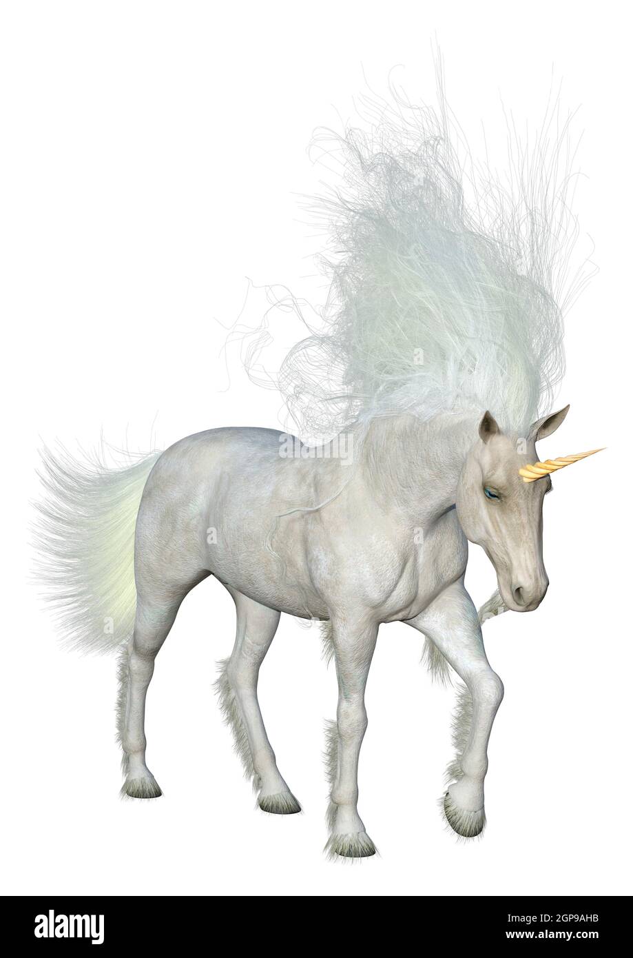 3D rendering of a fantasy white unicorn isolated on white background ...
