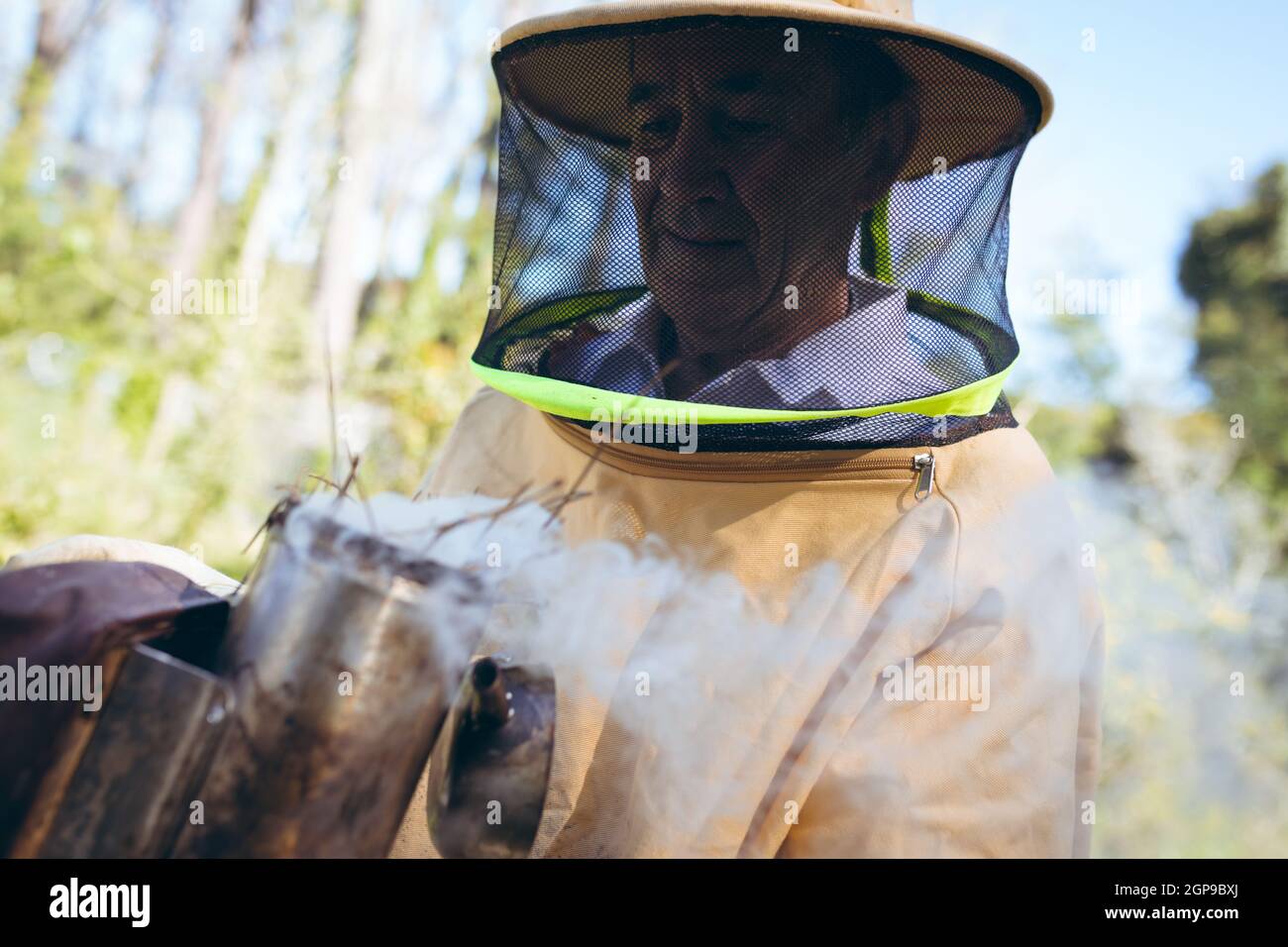 Caucasian senior man wearing beekeeper uniform holding tool with smoke to calm bees Stock Photo
