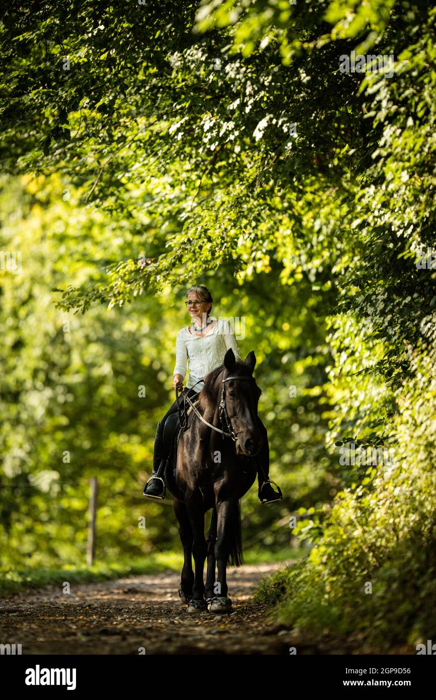 Woman riding a horse. Equestrian sport, leisure horse riding concept Stock Photo